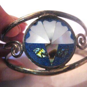 Alpaca Inlaid Cuff Bracelet Mexico Silver Blue White Inlay